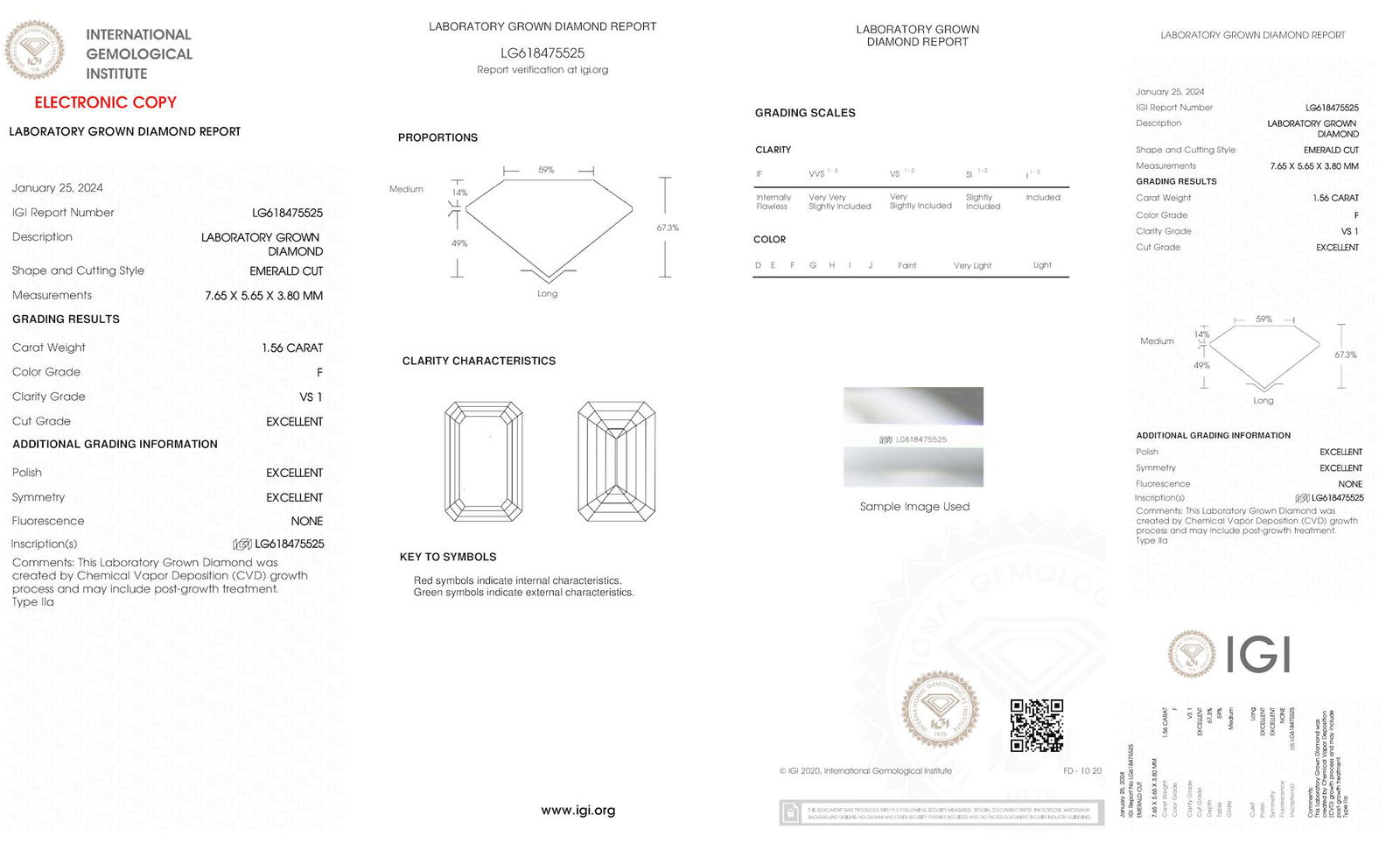 Certificate of diamond 1.56 Carat Emerald Diamond