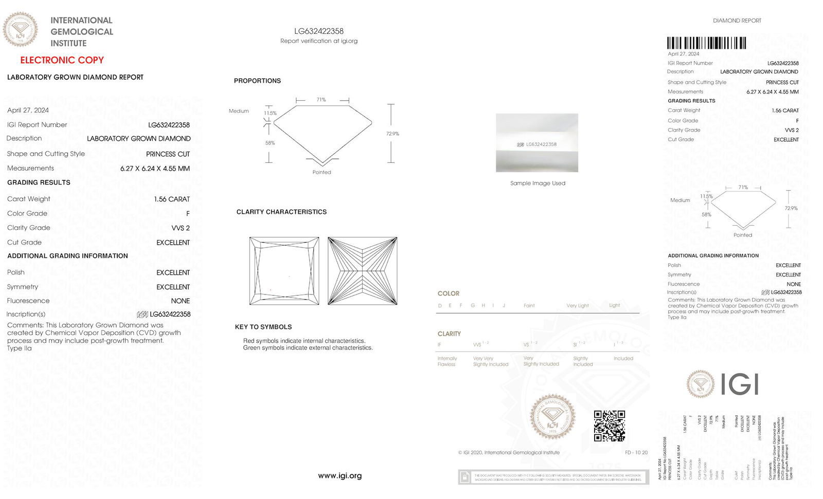 Certificate of diamond 1.56 Carat Princess Diamond