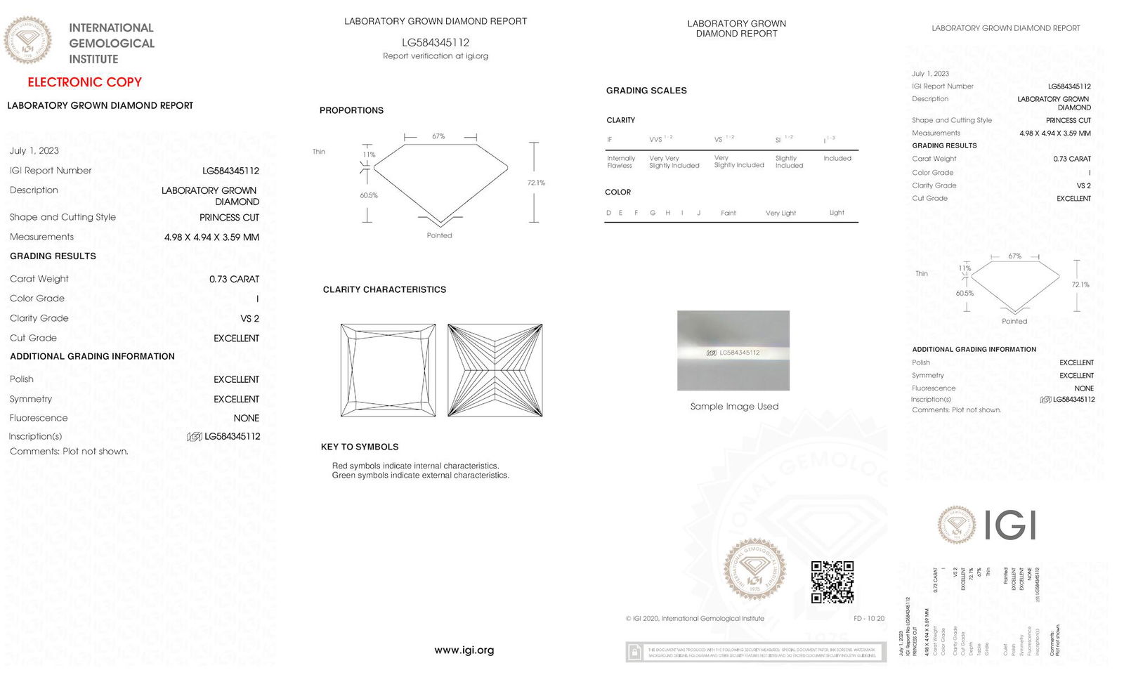 Certificate of diamond 0.73 Carat Princess Diamond