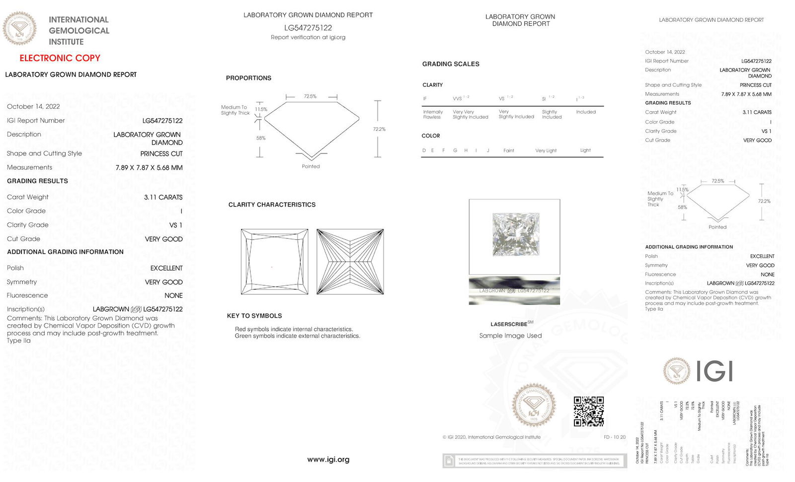Certificate of diamond 3.11 Carat Princess Diamond