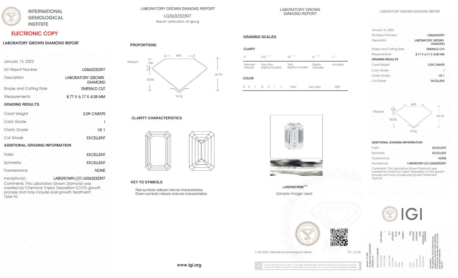 Certificate of diamond 2.09 Carat Emerald Diamond