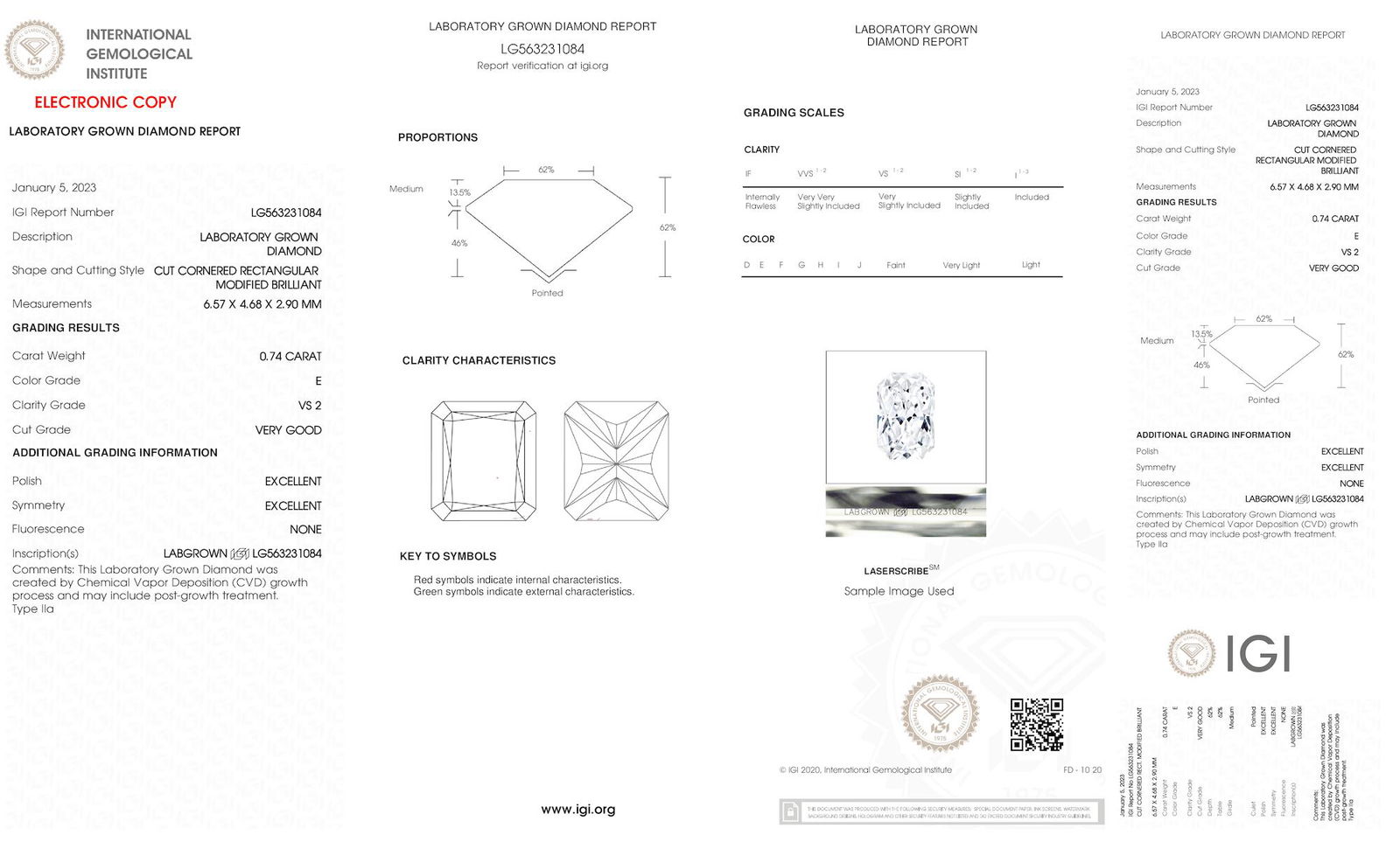 Certificate of diamond 0.74 Carat Radiant Diamond