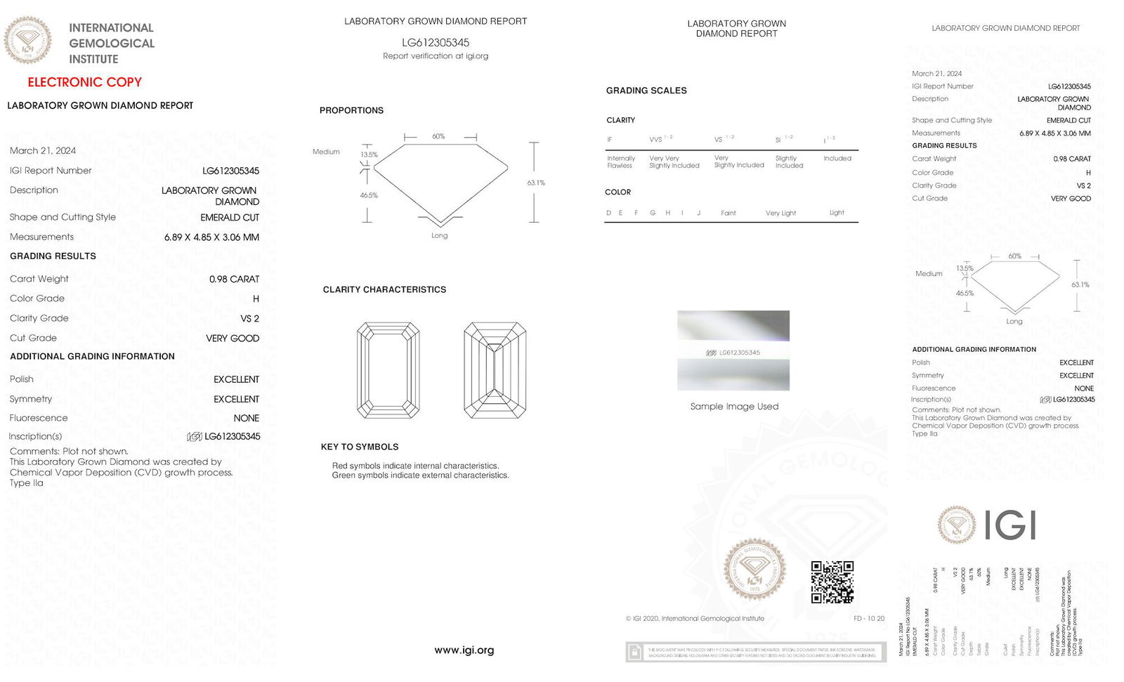 Certificate of diamond 0.98 Carat Emerald Diamond