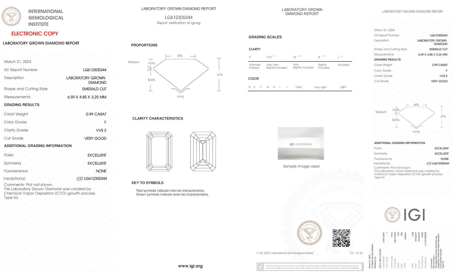 Certificate of diamond 0.99 Carat Emerald Diamond