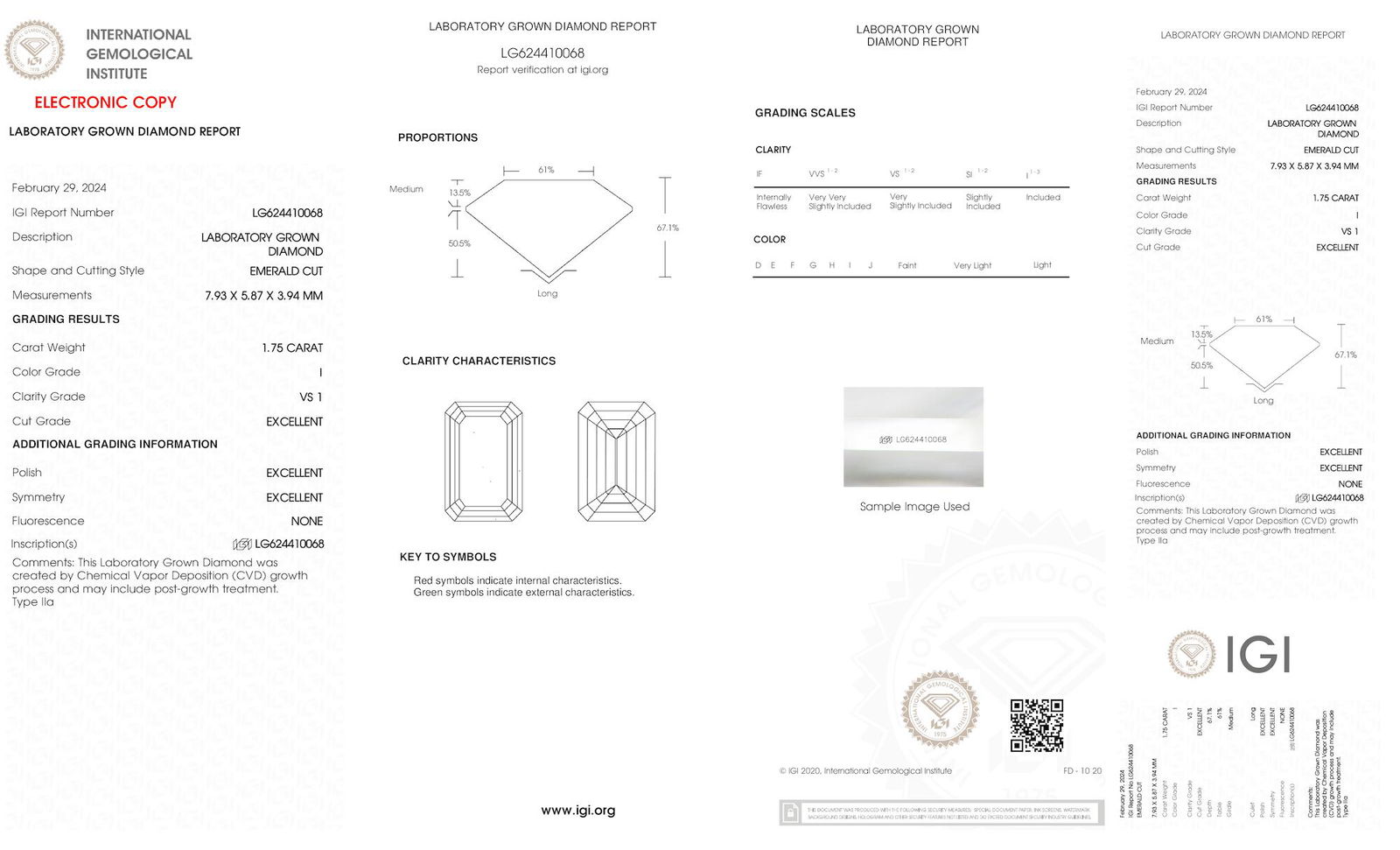 Certificate of diamond 1.75 Carat Emerald Diamond