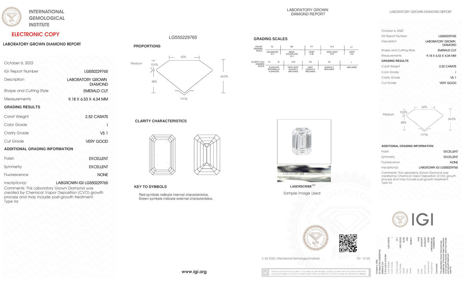 Certificate of diamond 2.52 Carat Emerald Diamond