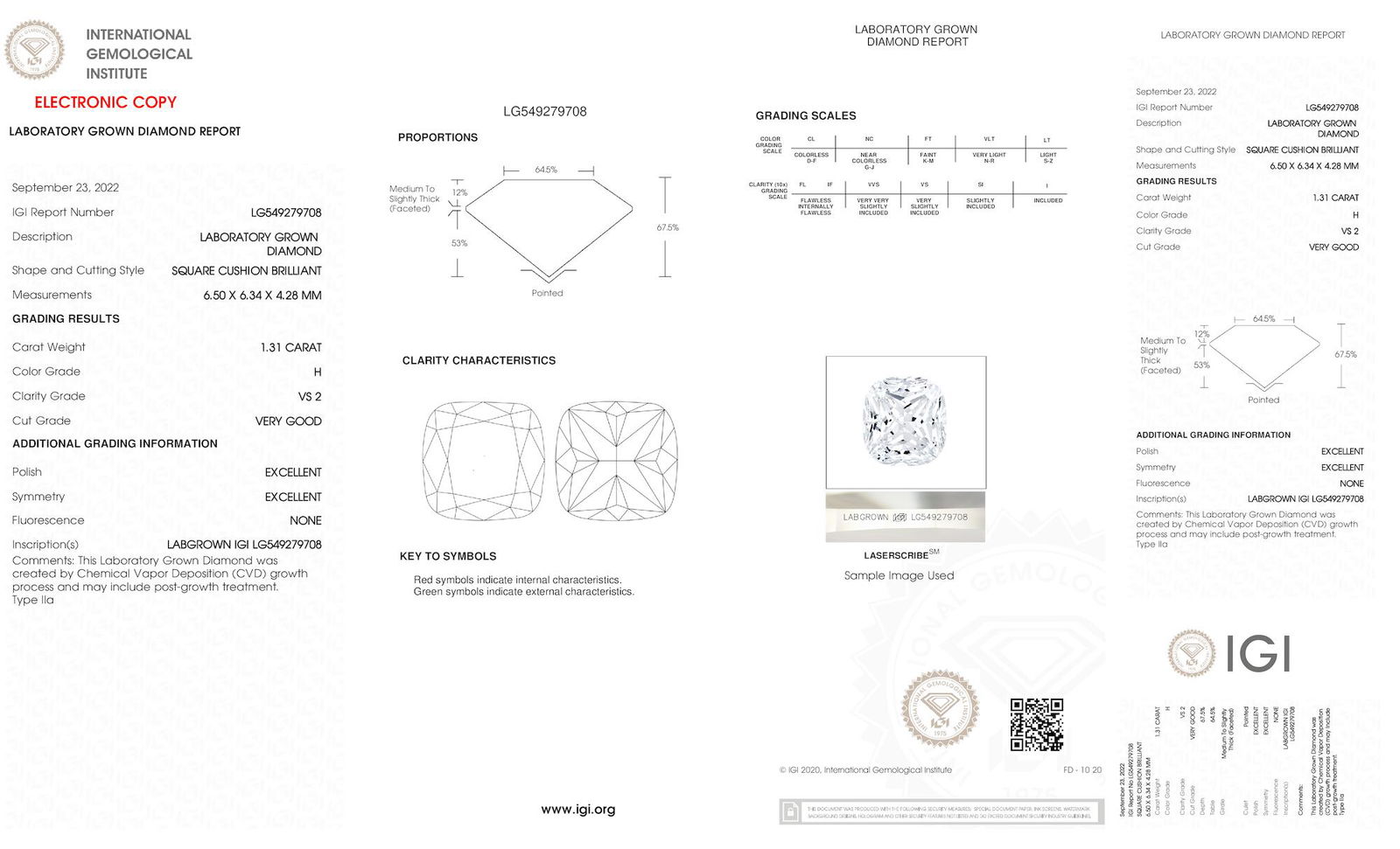 Certificate of diamond 1.31 Carat Cushion Diamond