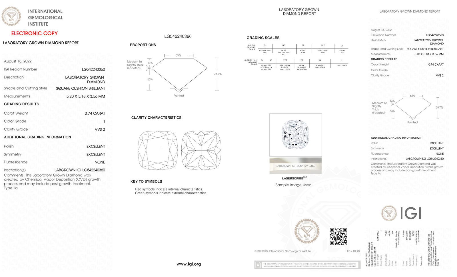 Certificate of diamond 0.74 Carat Cushion Diamond