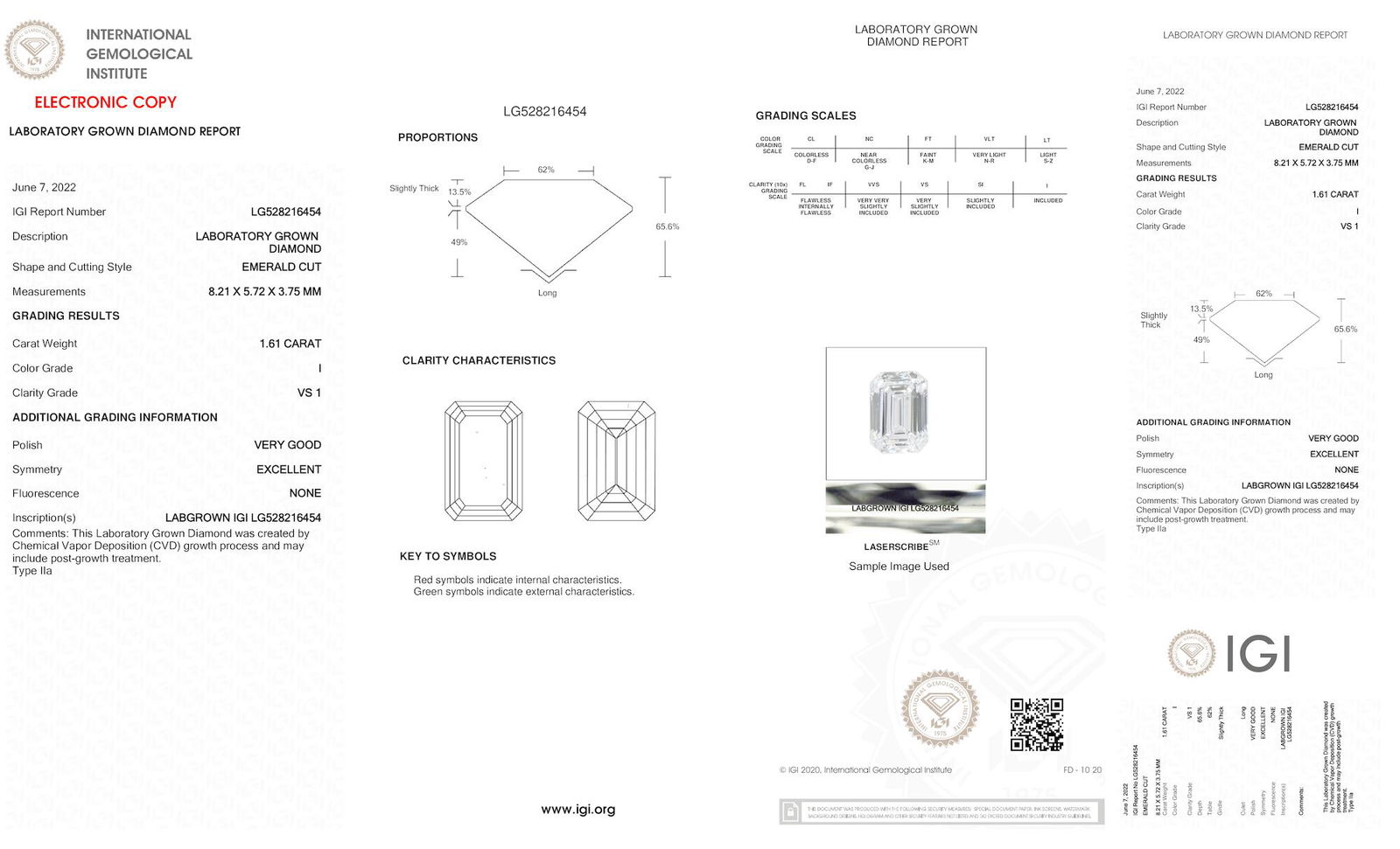 Certificate of diamond 1.61 Carat Emerald Diamond