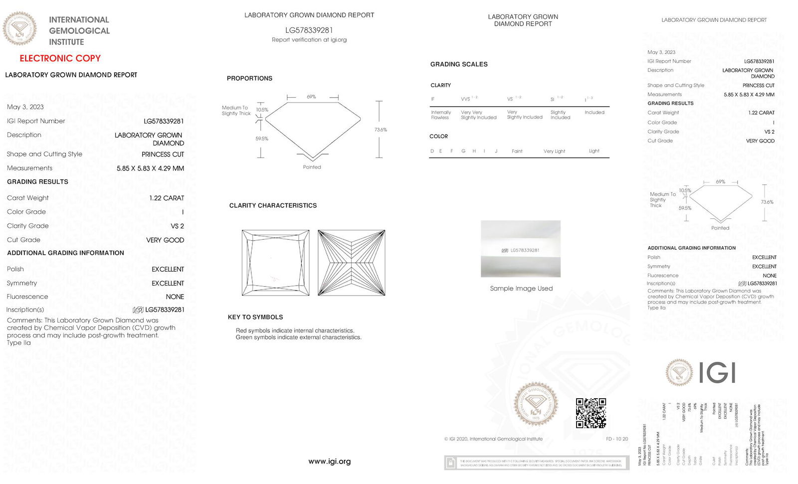 Certificate of diamond 1.22 Carat Princess Diamond