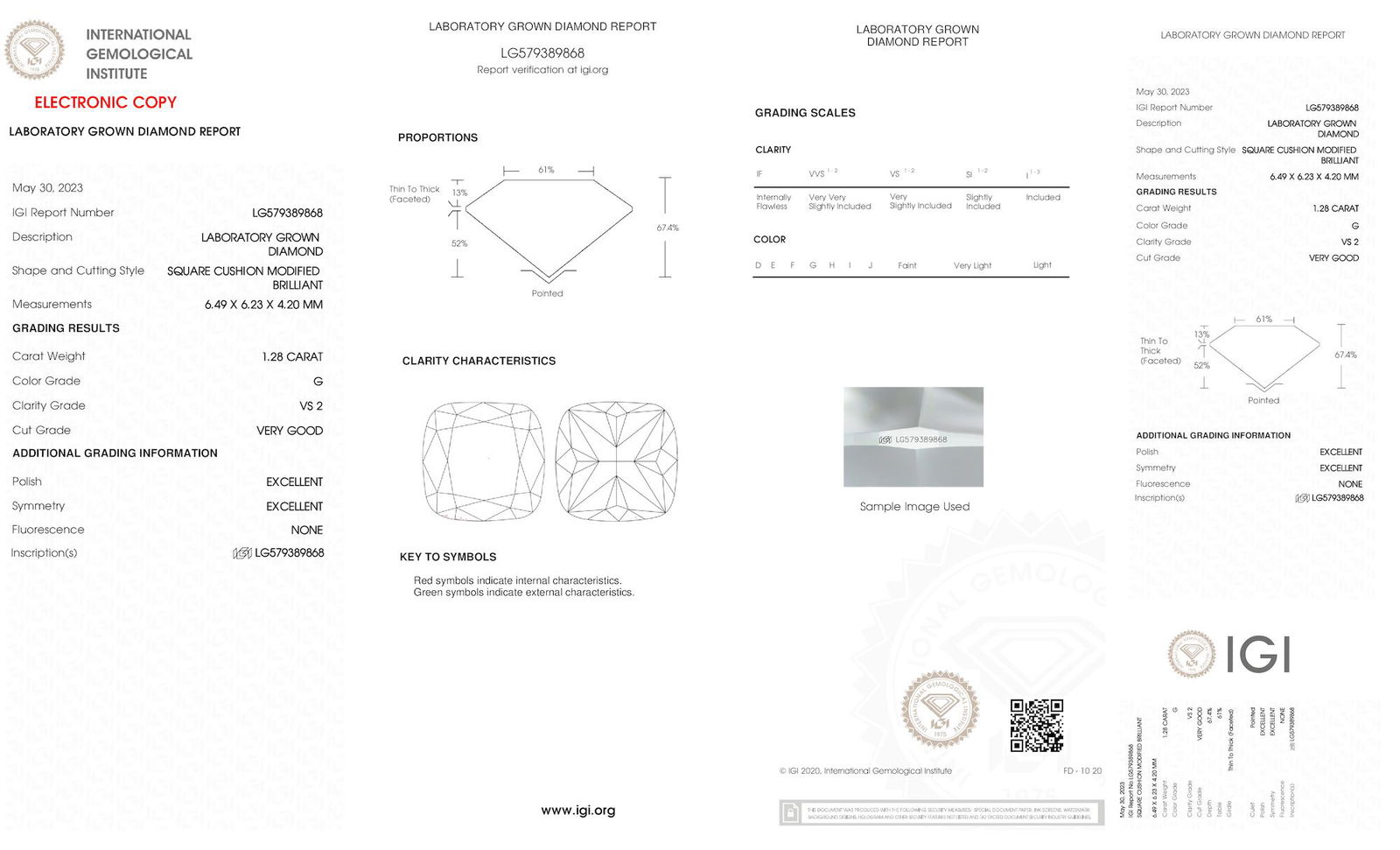 Certificate of diamond 1.28 Carat Cushion Diamond