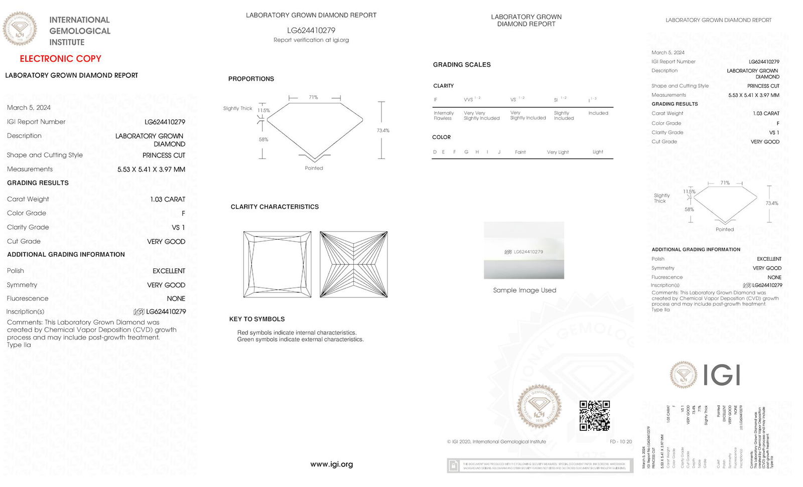Certificate of diamond 1.03 Carat Princess Diamond