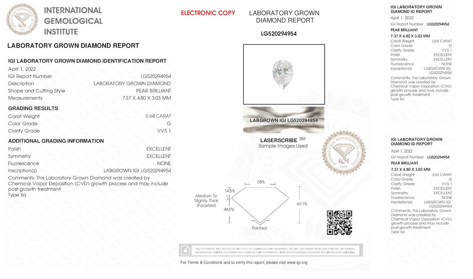 Certificate of diamond 0.64 Carat Pear Diamond