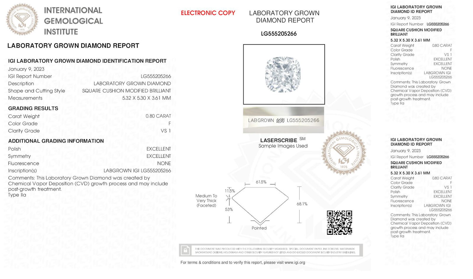 Certificate of diamond 0.8 Carat Cushion Diamond