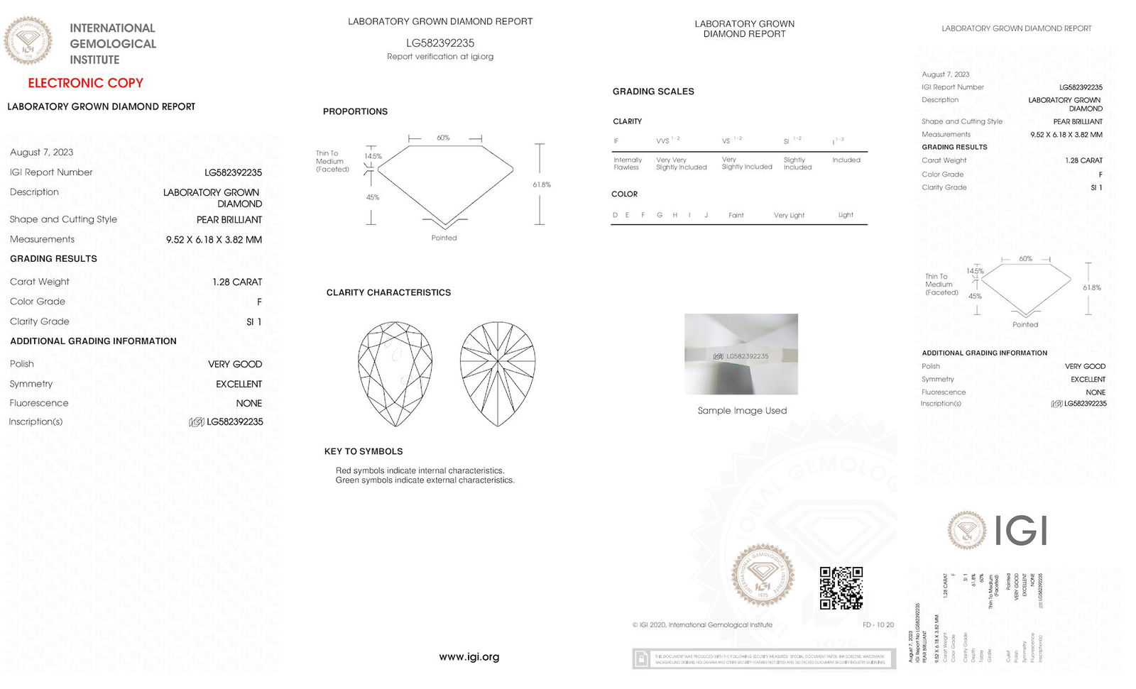 Certificate of diamond 1.28 Carat Pear Diamond