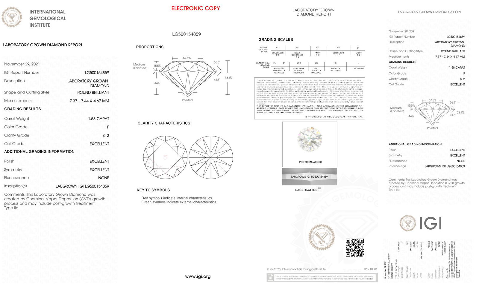 Certificate of diamond 1.58 Carat Round Diamond