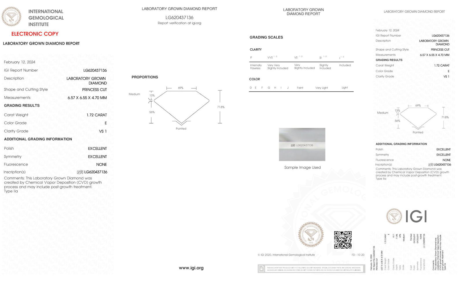 Certificate of diamond 1.72 Carat Princess Diamond