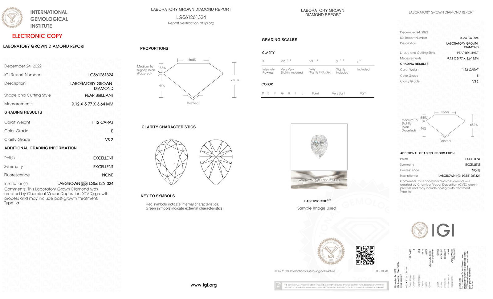 Certificate of diamond 1.12 Carat Pear Diamond