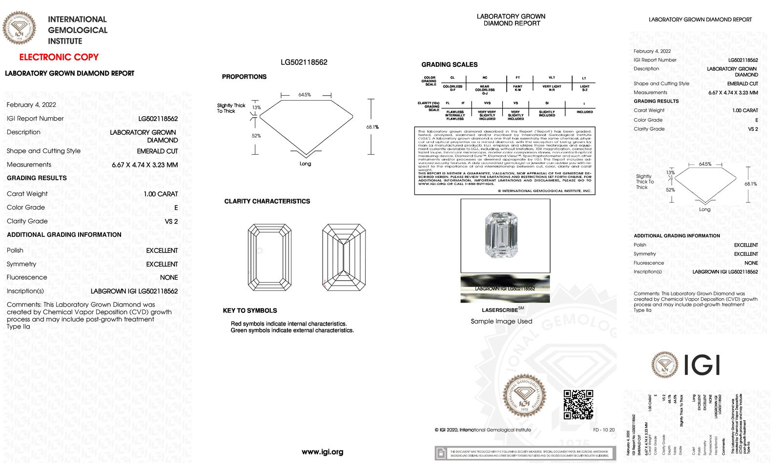 Certificate of diamond 1 Carat Emerald Diamond