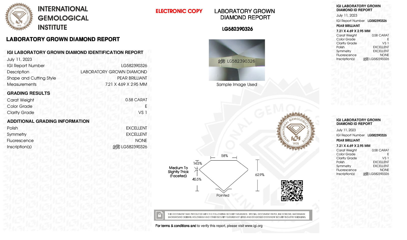 Certificate of diamond 0.58 Carat Pear Diamond