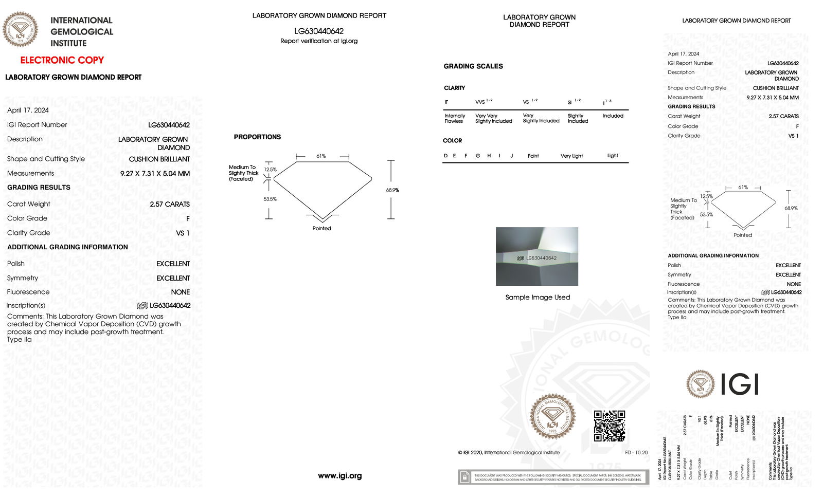 Certificate of diamond 2.57 Carat Cushion Diamond