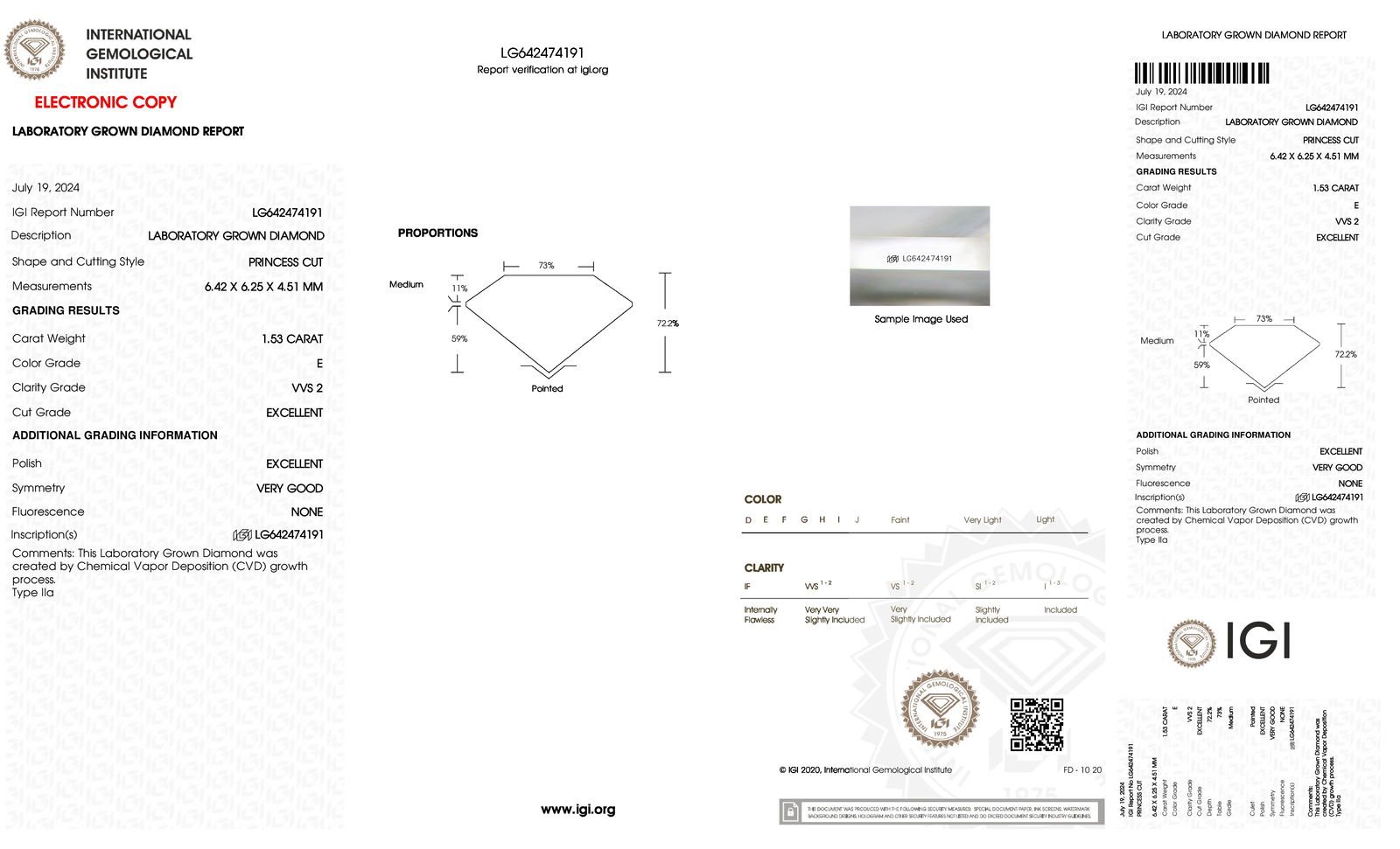 Certificate of diamond 1.53 Carat Princess Diamond