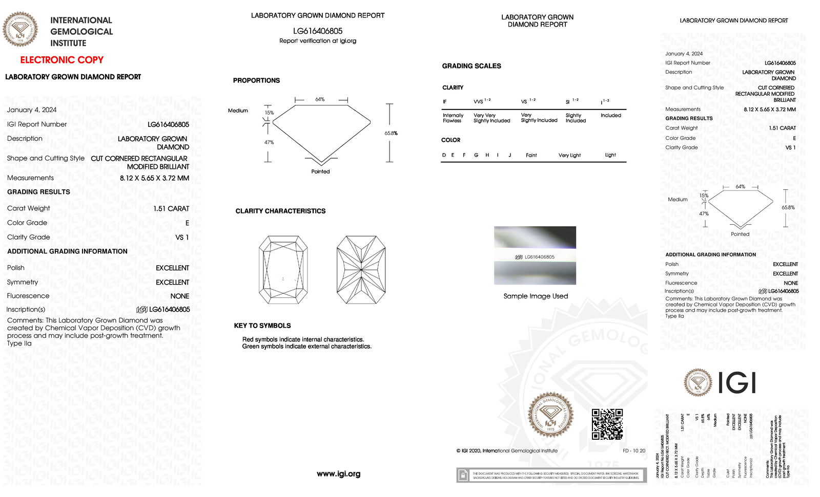 Certificate of diamond 1.51 Carat Radiant Diamond