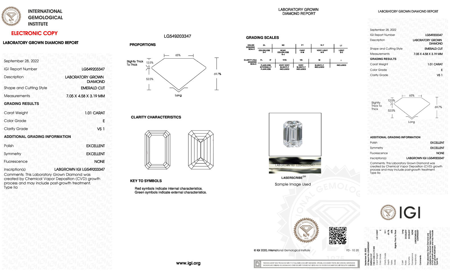 Certificate of diamond 1.01 Carat Emerald Diamond