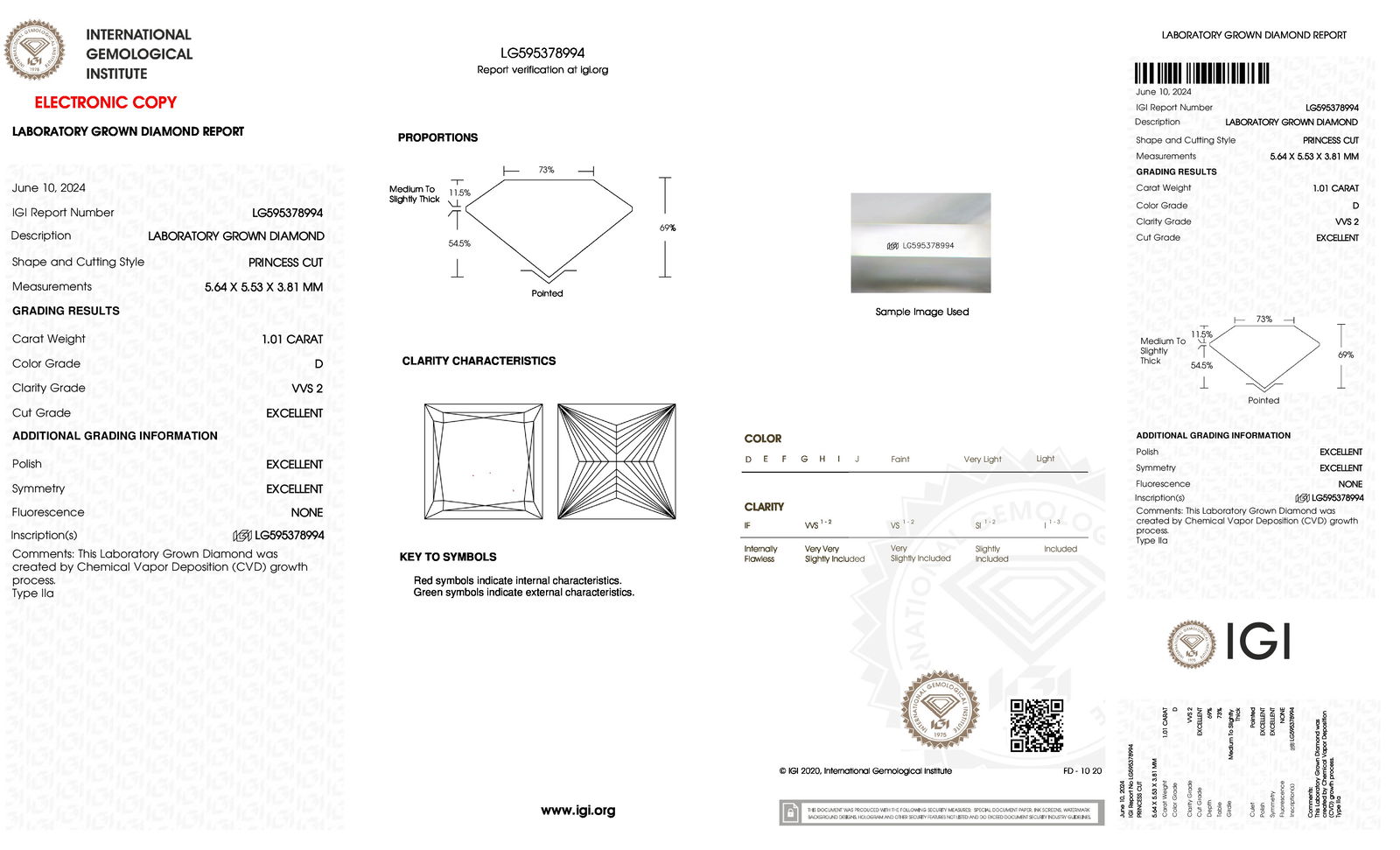 Certificate of diamond 1.01 Carat Princess Diamond