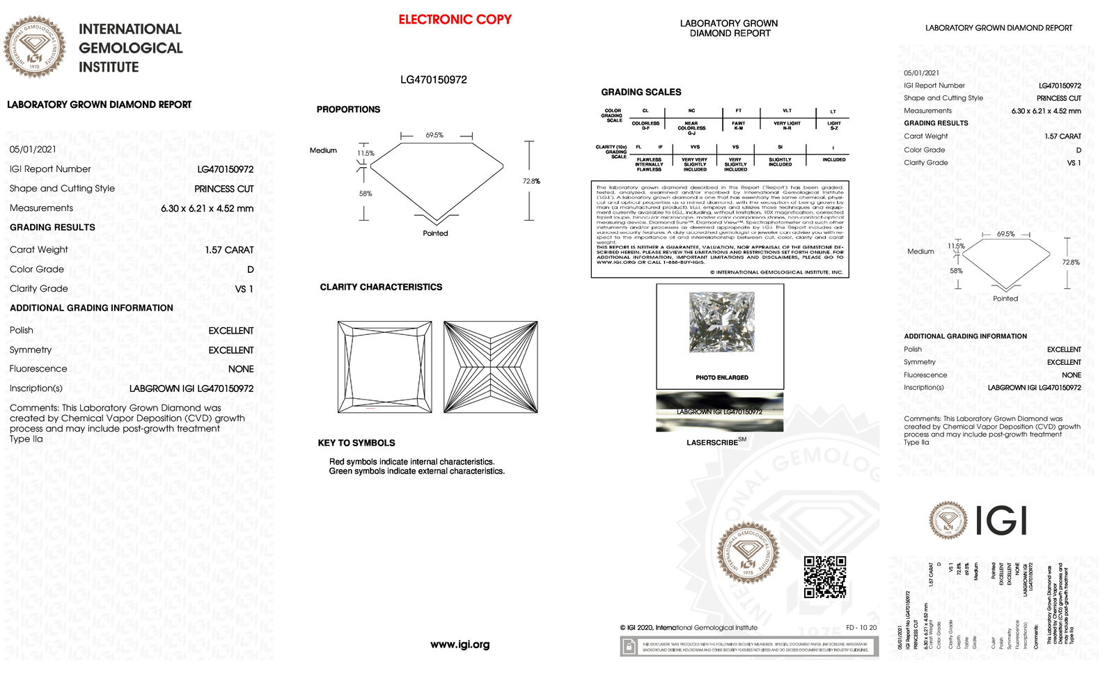 Certificate of diamond 1.57 Carat Princess Diamond