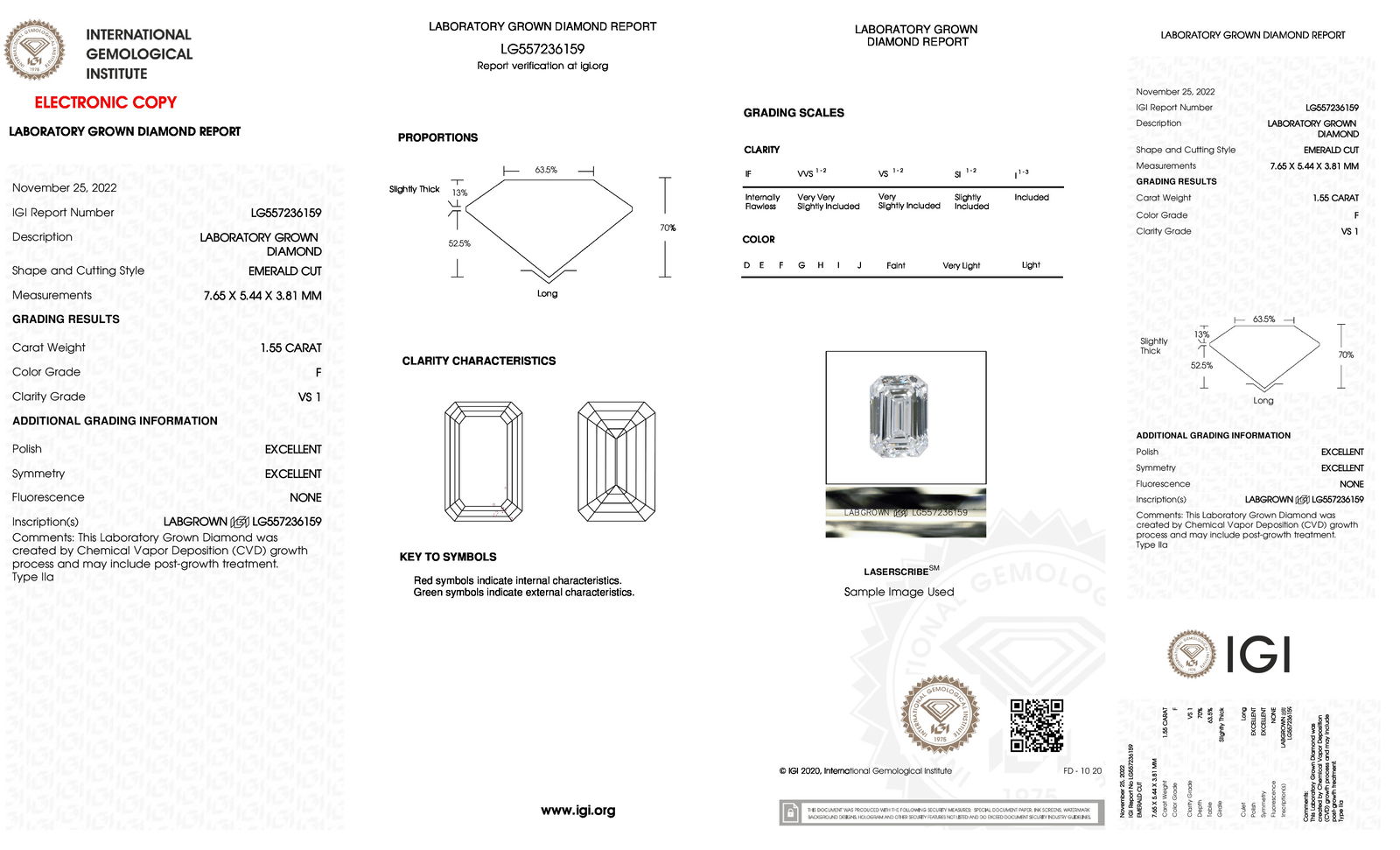 Certificate of diamond 1.55 Carat Emerald Diamond