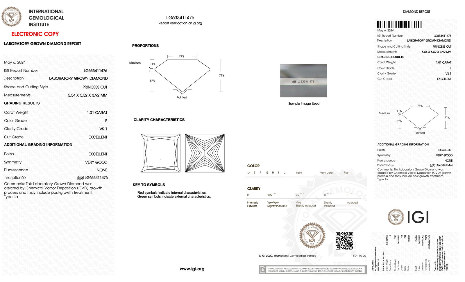 Certificate of diamond 1.01 Carat Princess Diamond