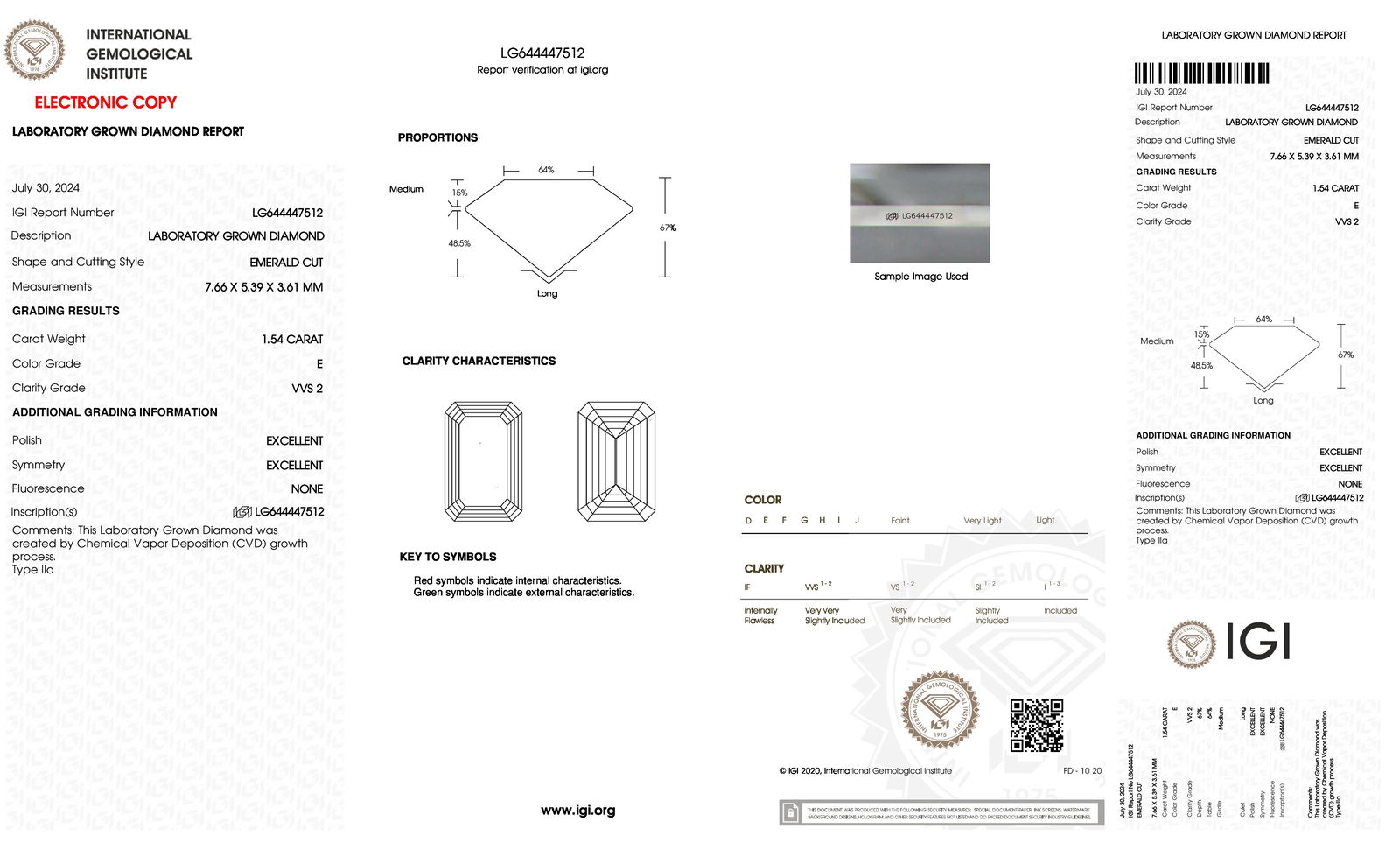 Certificate of diamond 1.54 Carat Emerald Diamond