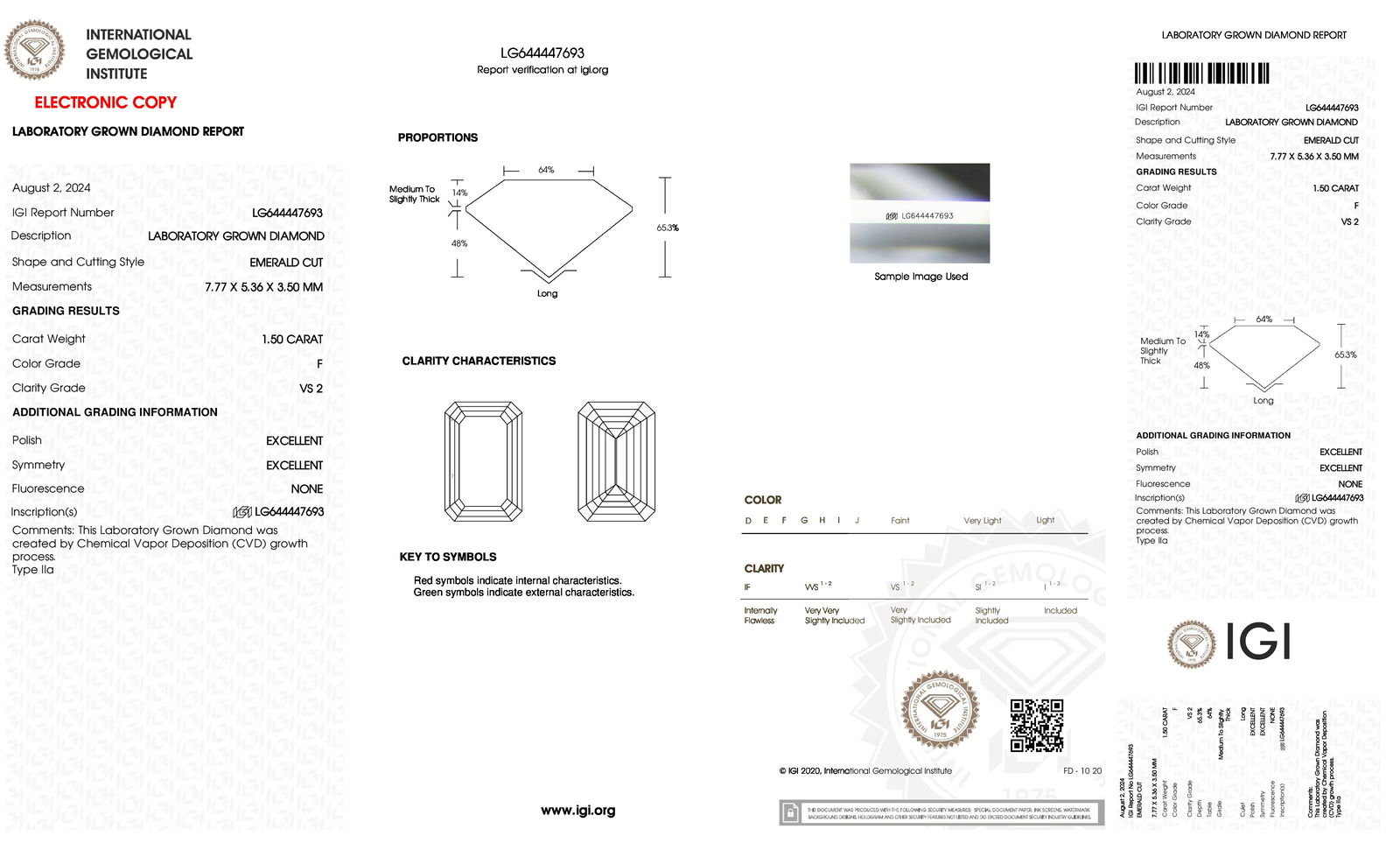 Certificate of diamond 1.5 Carat Emerald Diamond