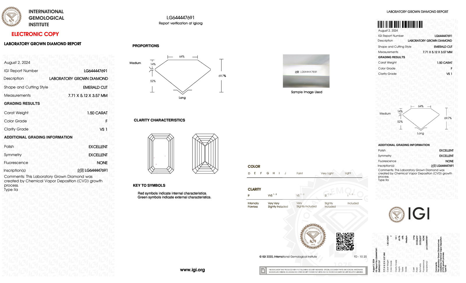 Certificate of diamond 1.5 Carat Emerald Diamond