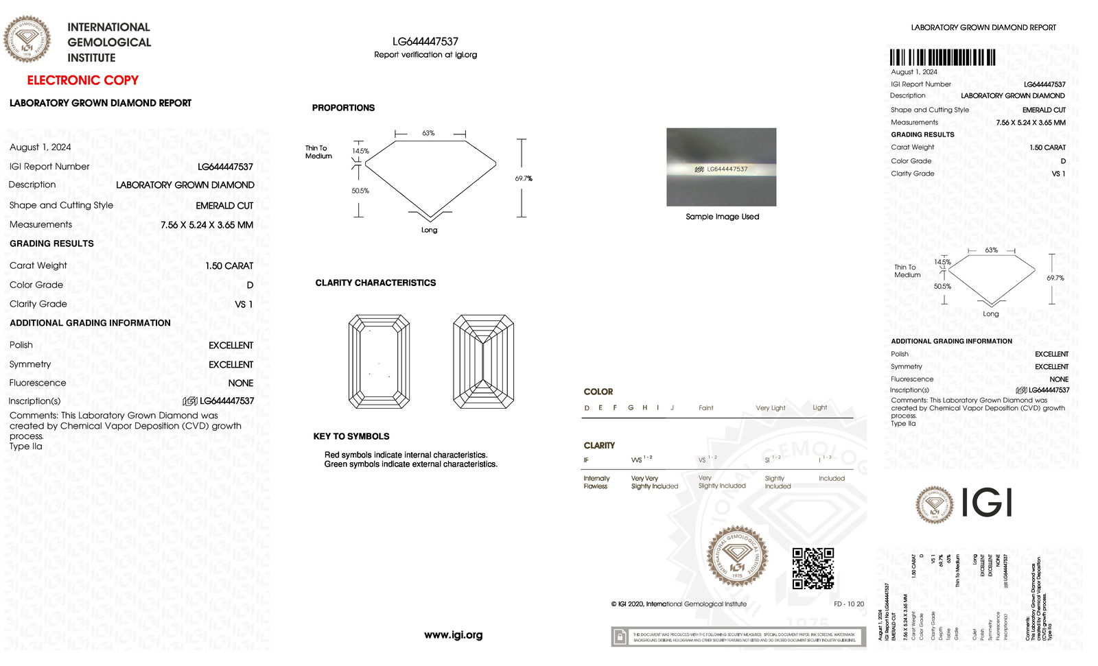 Certificate of diamond 1.5 Carat Emerald Diamond