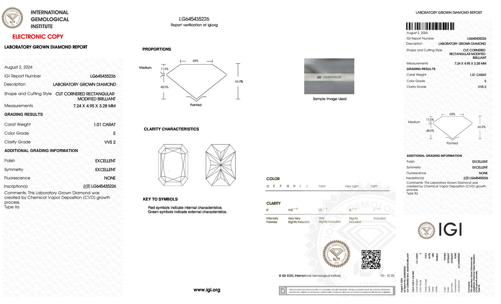 Certificate of diamond 1.01 Carat Radiant Diamond