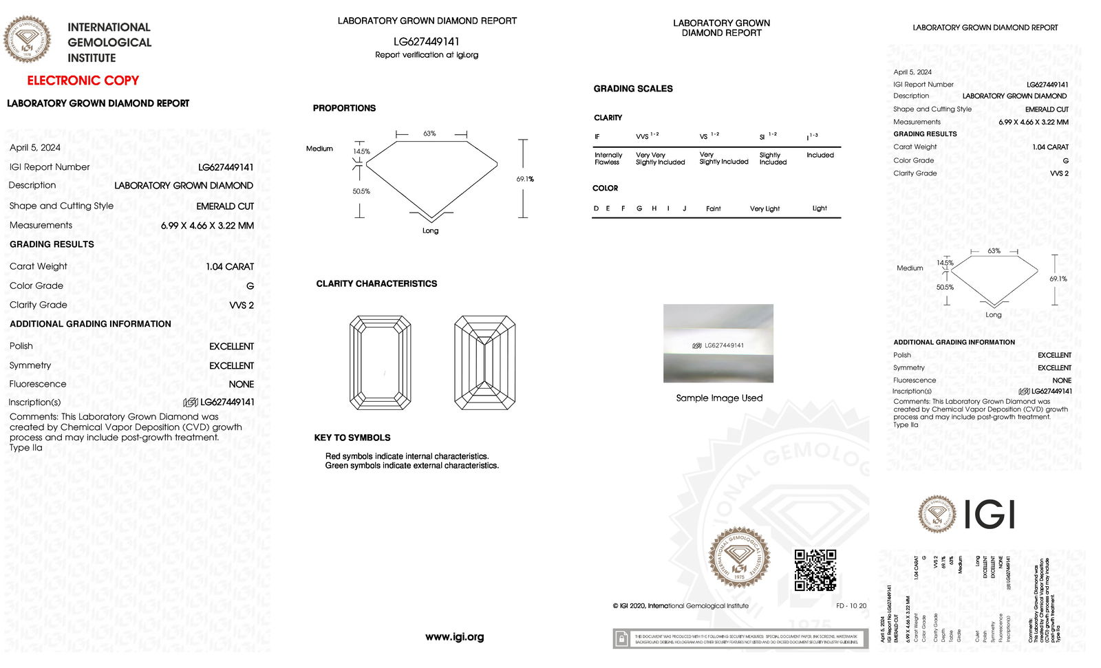 Certificate of diamond 1.04 Carat Emerald Diamond