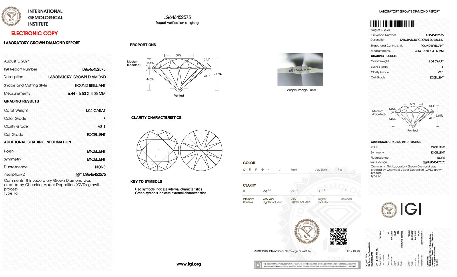 Certificate of diamond 1.04 Carat Round Diamond
