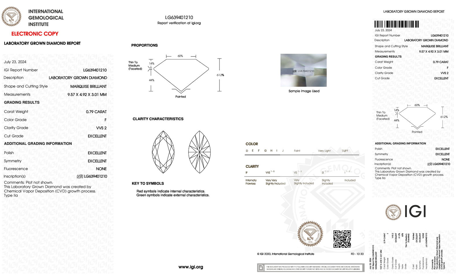 Certificate of diamond 0.79 Carat Marquise Diamond