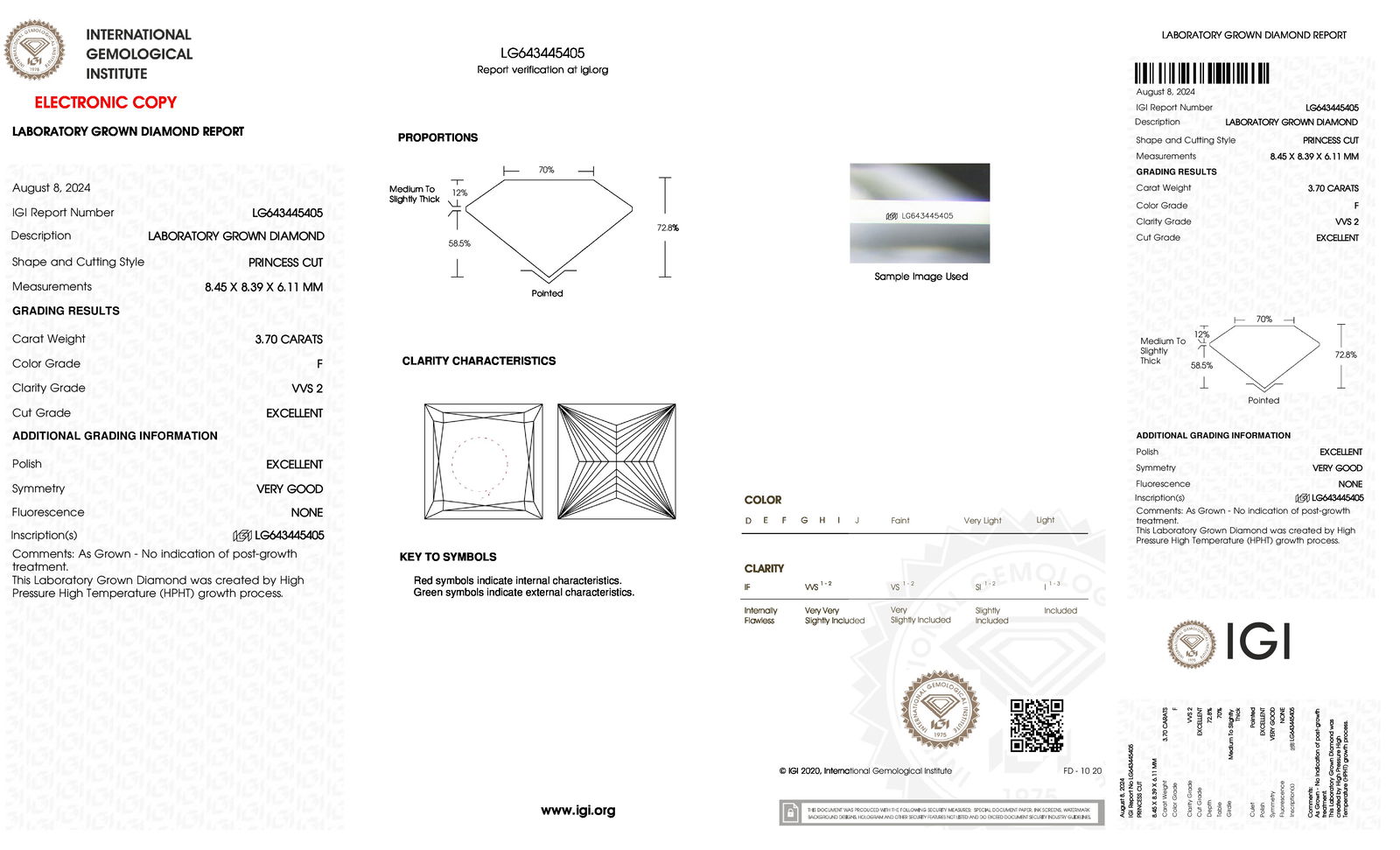 Certificate of diamond 3.7 Carat Princess Diamond