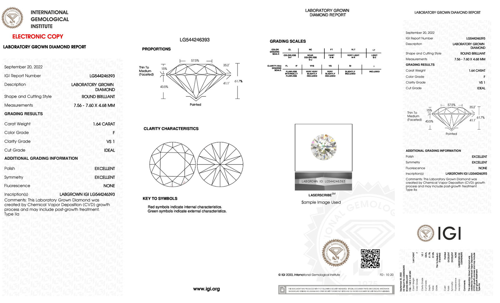 Certificate of diamond 1.64 Carat Round Diamond