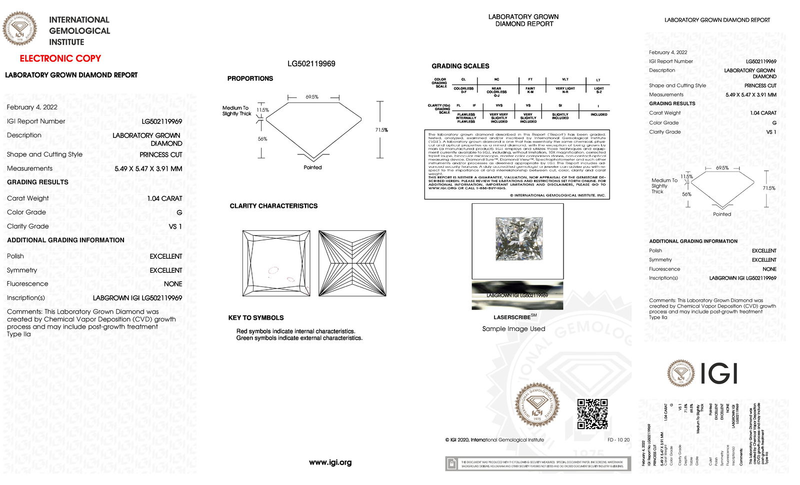 Certificate of diamond 1.04 Carat Princess Diamond