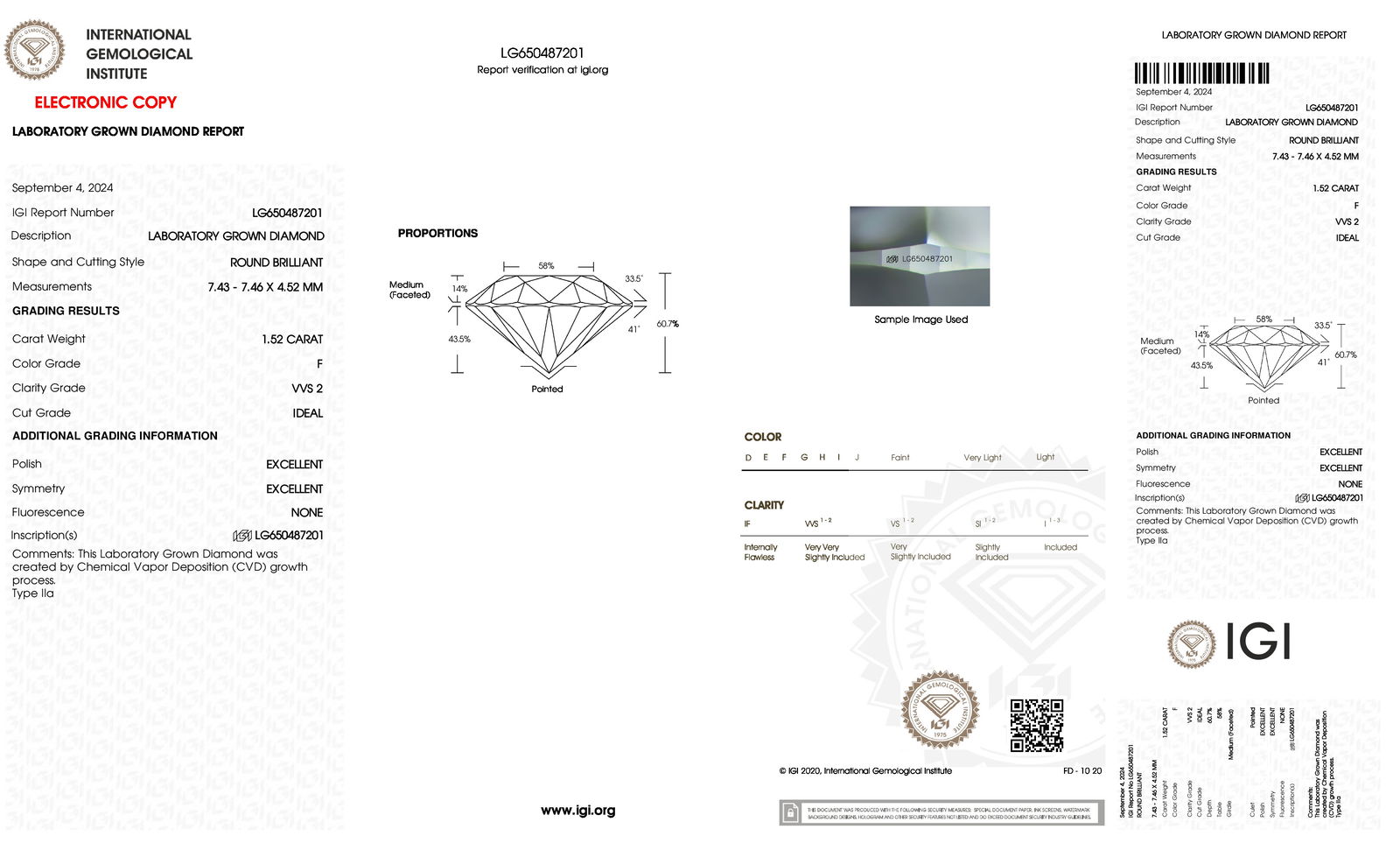 Certificate of diamond 1.52 Carat Round Diamond