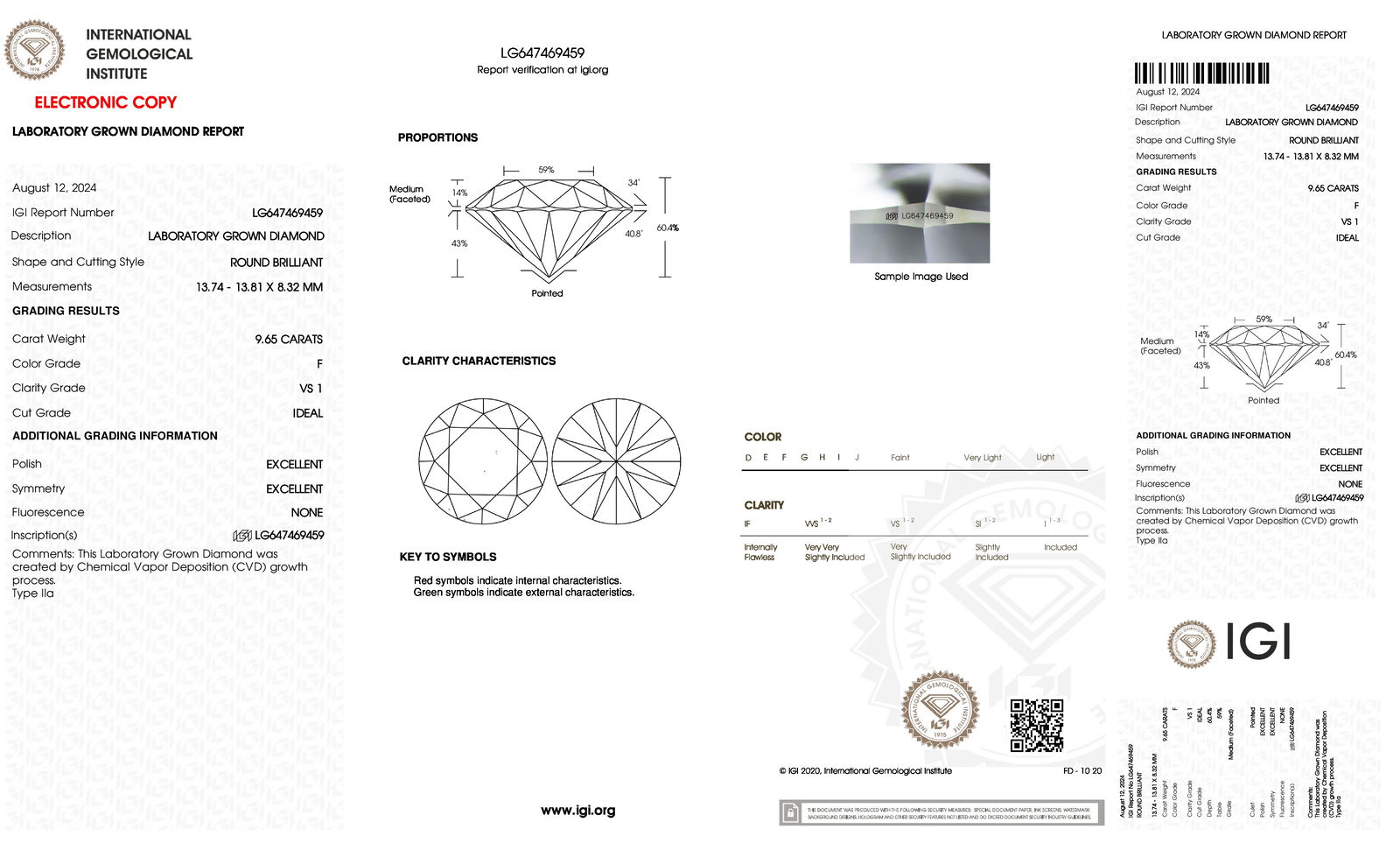 Certificate of diamond 9.65 Carat Round Diamond