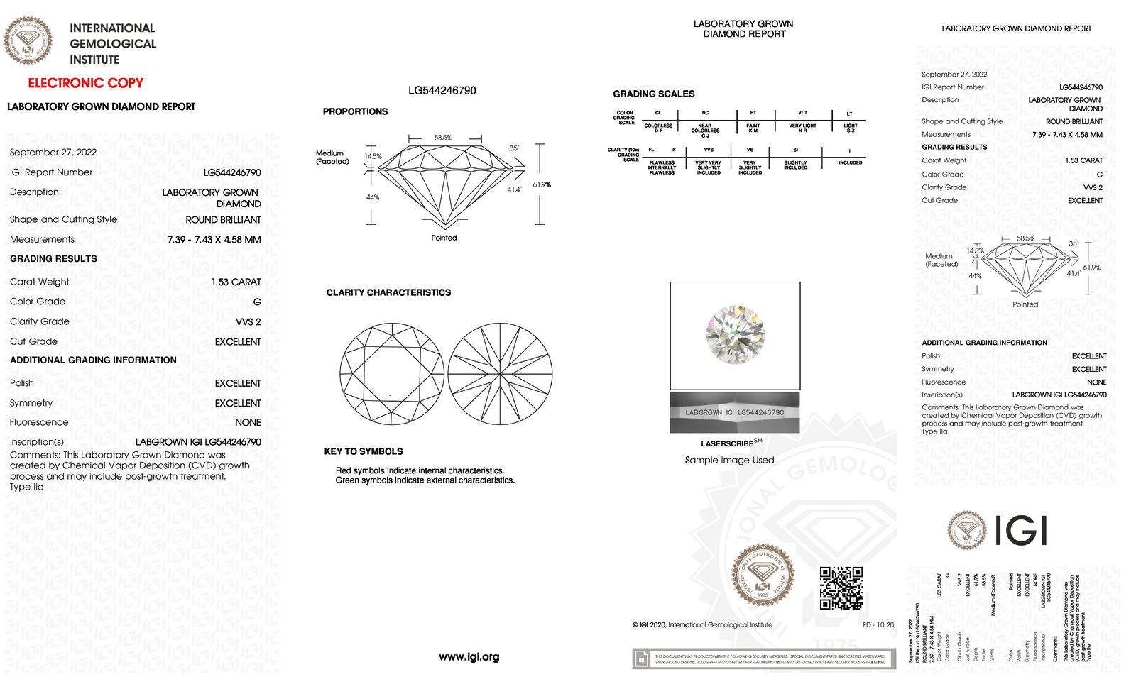 Certificate of diamond 1.53 Carat Round Diamond