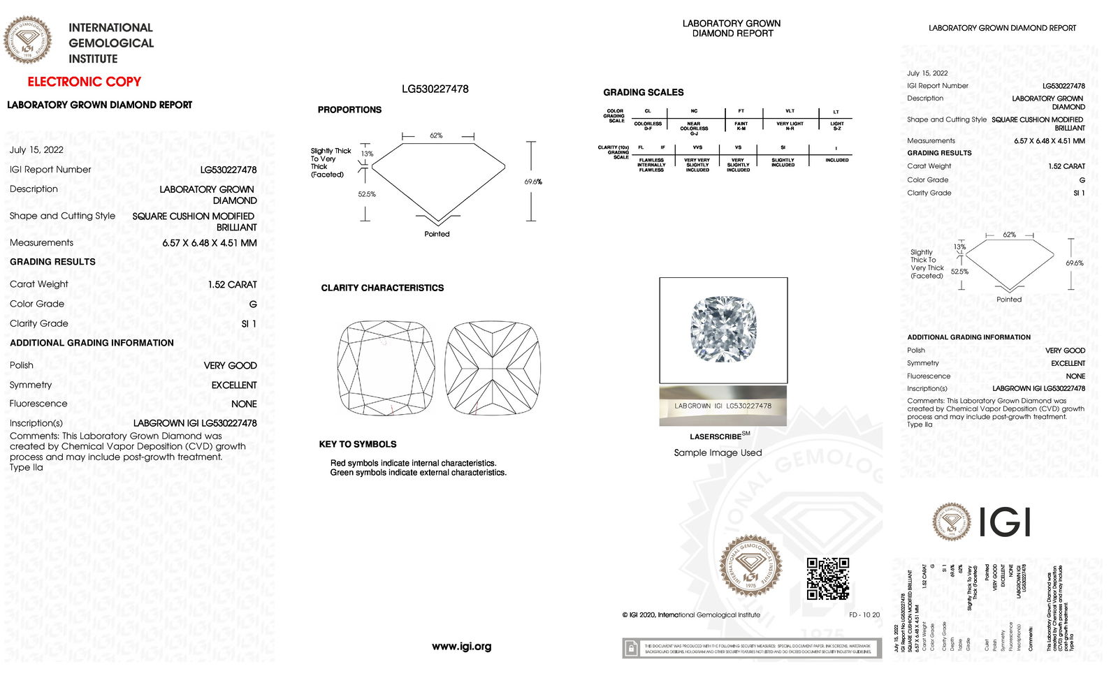 Certificate of diamond 1.52 Carat Cushion Diamond