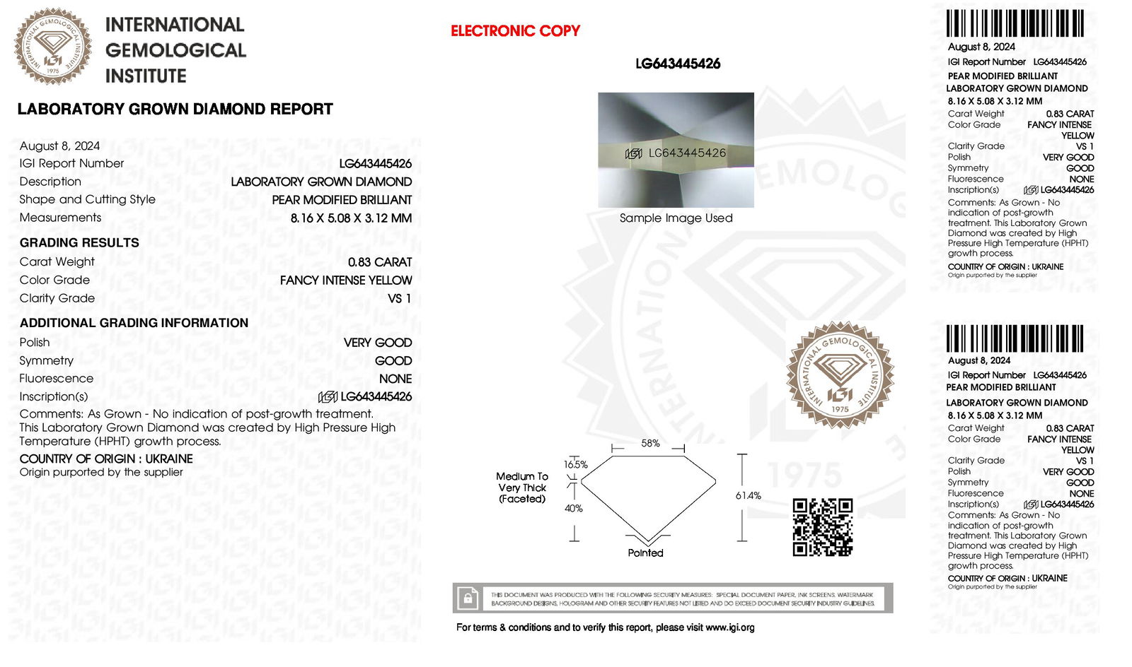 Certificate of diamond 0.83 Carat Pear Diamond