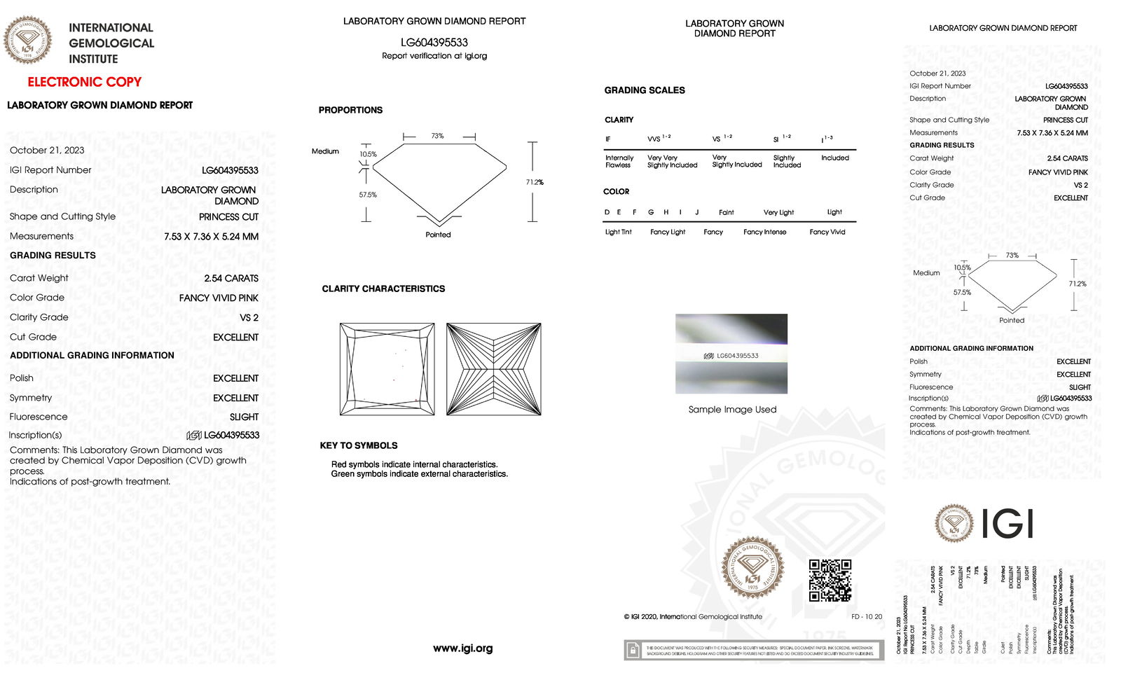 Certificate of diamond 2.54 Carat Princess Diamond