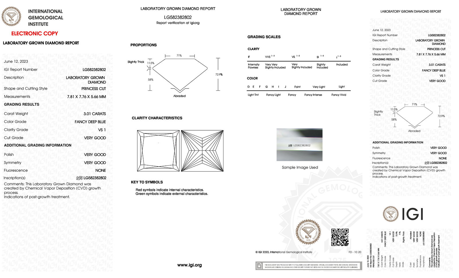 Certificate of diamond 3.01 Carat Princess Diamond